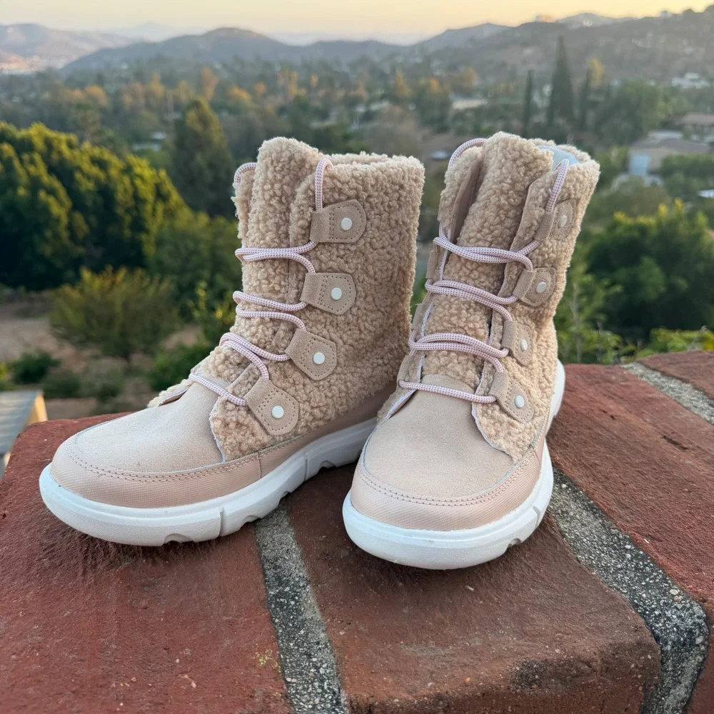 Sorel Explorer II Joan Faux Fur Boots Fossil Pink Willow NL4455-260 Women 7